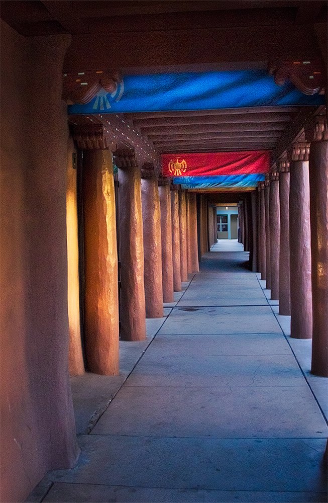Historic Downtown Santa Fe, New Mexico Walkway In The Evening